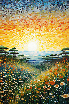 JPG 나무 꽃 백그라운드 꽃밭 일러스트 풍경 초원 사람없음 태양 일몰 풀 점묘화 국내일러스트 AI일러스트 AI콘텐츠 자연요소 식물 미술 노을 파일형식