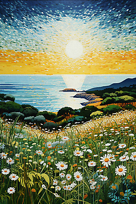 JPG 나무 꽃 바다 백그라운드 꽃밭 일러스트 풍경 초원 사람없음 태양 일몰 풀 윤슬 점묘화 국내일러스트 AI일러스트 AI콘텐츠 자연요소 식물 물결 미술 노을 파일형식