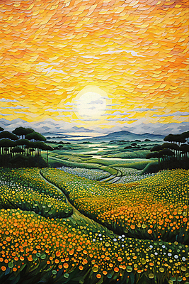 JPG 나무 구름 꽃 길 백그라운드 꽃밭 일러스트 풍경 초원 사람없음 태양 일몰 풀 산맥 점묘화 국내일러스트 AI일러스트 AI콘텐츠 자연요소 식물 산 미술 노을 파일형식