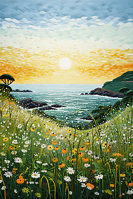 JPG 나무 꽃 파도 바다 백그라운드 꽃밭 일러스트 풍경 초원 사람없음 태양 일몰 바위 풀 점묘화 국내일러스트 AI일러스트 AI콘텐츠 자연요소 식물 미술 노을 돌_바위 파일형식