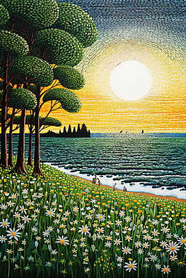 JPG 나무 꽃 바다 백그라운드 꽃밭 일러스트 사람모양 풍경 초원 사람없음 태양 일몰 풀 점묘화 국내일러스트 AI일러스트 AI콘텐츠 자연요소 모양 식물 미술 노을 파일형식