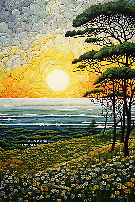 JPG 나무 꽃 파도 바다 백그라운드 꽃밭 일러스트 풍경 초원 사람없음 태양 일몰 풀 점묘화 국내일러스트 AI일러스트 AI콘텐츠 자연요소 식물 미술 노을 파일형식