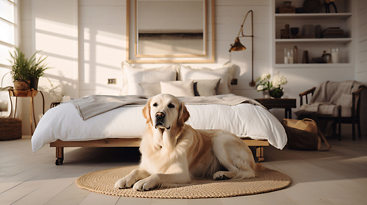JPG 편집이미지 한마리 반려견 집안 휴식 실내 사람없음 생활 인테리어 침실 침대 리트리버 강아지 편안함 편집실사 AI포토 AI콘텐츠 1 디자인 가구 컨셉 내부 반려동물 감각 개 CG 파일형식