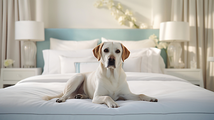 JPG 편집이미지 한마리 반려견 집안 휴식 실내 사람없음 인테리어 침실 침대 강아지 편안함 래브라도리트리버 편집실사 AI포토 AI콘텐츠 1 디자인 가구 컨셉 내부 반려동물 감각 개 리트리버 CG 파일형식