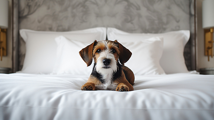 JPG 편집이미지 한마리 반려견 집안 휴식 실내 사람없음 인테리어 침실 침대 강아지 편안함 믹스견 와이어폭스테리어 편집실사 AI포토 AI콘텐츠 1 디자인 가구 컨셉 내부 반려동물 감각 개 CG 폭스테리어 파일형식