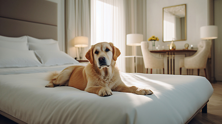 JPG 편집이미지 한마리 반려견 집안 휴식 실내 사람없음 인테리어 침실 침대 리트리버 강아지 편안함 편집실사 AI포토 AI콘텐츠 1 디자인 가구 컨셉 내부 반려동물 감각 개 CG 파일형식