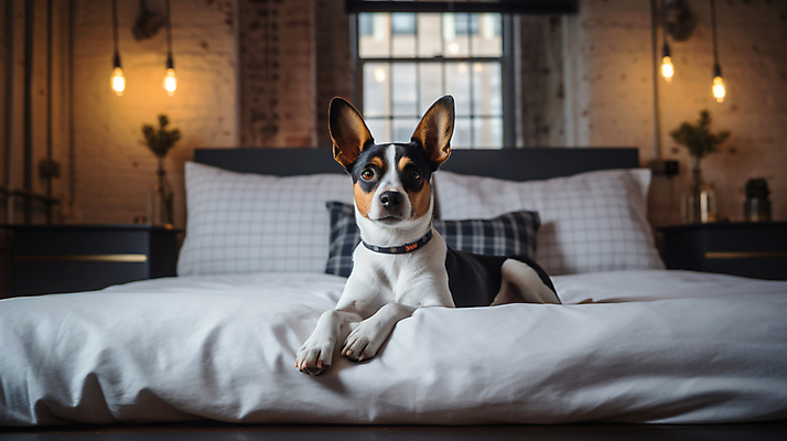 JPG 편집이미지 한마리 반려견 집안 휴식 실내 사람없음 인테리어 침실 침대 강아지 편안함 폭스테리어 편집실사 AI포토 AI콘텐츠 1 디자인 가구 컨셉 내부 반려동물 감각 개 테리어 CG 파일형식
