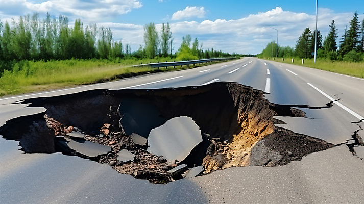 JPG 편집이미지 도로 사람없음 야외 구멍 고속도로 균열 위험 땅 사건 디지털합성 재해 붕괴 지반침하 무너짐 편집실사 AI포토 AI콘텐츠 길 컨셉 교통시설 모션 자연재해 CG 파일형식