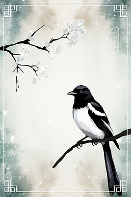 PSD 한마리 전통 꽃 일러스트 수채화 새해 흑백 수묵화 사람없음 설날 나뭇가지 테두리 까치 화조화 국내일러스트 나무 식물 1 명절 조류 촬영기법 미술 동양화 파일형식