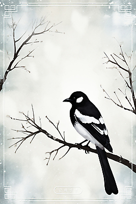 PSD 한마리 전통 일러스트 수채화 새해 흑백 수묵화 사람없음 설날 나뭇가지 테두리 까치 화조화 국내일러스트 나무 1 명절 조류 촬영기법 미술 동양화 파일형식