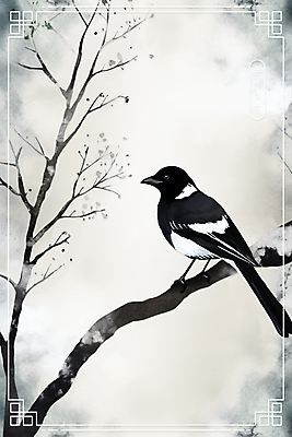 PSD 한마리 전통 일러스트 수채화 새해 흑백 수묵화 사람없음 설날 나뭇가지 테두리 까치 화조화 국내일러스트 나무 1 명절 조류 촬영기법 미술 동양화 파일형식