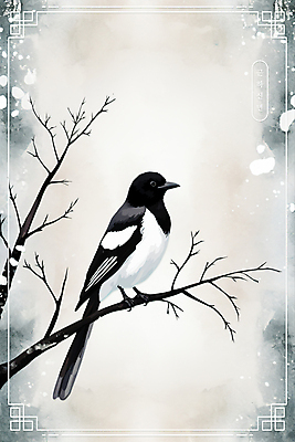 PSD 한마리 전통 일러스트 수채화 새해 흑백 수묵화 사람없음 설날 나뭇가지 테두리 까치 화조화 국내일러스트 나무 1 명절 조류 촬영기법 미술 동양화 파일형식