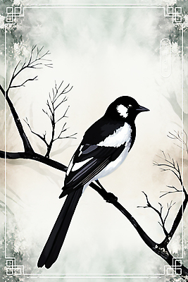 PSD 한마리 전통 일러스트 수채화 새해 흑백 수묵화 사람없음 설날 나뭇가지 테두리 까치 화조화 국내일러스트 나무 1 명절 조류 촬영기법 미술 동양화 파일형식