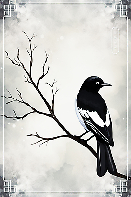 PSD 한마리 전통 일러스트 수채화 새해 흑백 수묵화 사람없음 설날 나뭇가지 테두리 까치 화조화 국내일러스트 나무 1 명절 조류 촬영기법 미술 동양화 파일형식