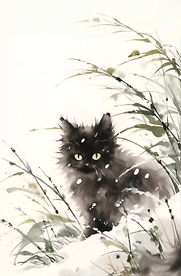 JPG 한마리 겨울 일러스트 수묵화 풍경 사람없음 고양이 눈 풀잎 동양화 번짐 국내일러스트 AI일러스트 AI콘텐츠 자연요소 1 계절 잎 포유류 날씨 미술 반려동물 풀_식물 파일형식 효과