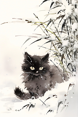 JPG 한마리 겨울 일러스트 수묵화 풍경 사람없음 고양이 눈 풀잎 동양화 번짐 국내일러스트 AI일러스트 AI콘텐츠 자연요소 1 계절 잎 포유류 날씨 미술 반려동물 풀_식물 파일형식 효과