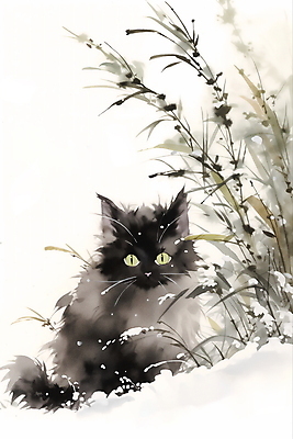 JPG 한마리 겨울 일러스트 수묵화 풍경 사람없음 고양이 눈 풀잎 동양화 번짐 국내일러스트 AI일러스트 AI콘텐츠 자연요소 1 계절 잎 포유류 날씨 미술 반려동물 풀_식물 파일형식 효과