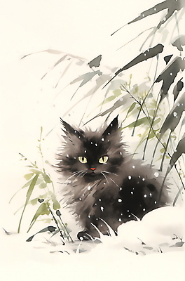 JPG 한마리 겨울 일러스트 수묵화 풍경 사람없음 고양이 눈 풀잎 동양화 번짐 국내일러스트 AI일러스트 AI콘텐츠 자연요소 1 계절 잎 포유류 날씨 미술 반려동물 풀_식물 파일형식 효과