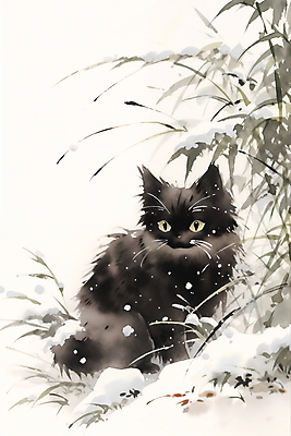 JPG 한마리 겨울 일러스트 수묵화 풍경 사람없음 고양이 눈 풀잎 동양화 번짐 국내일러스트 AI일러스트 AI콘텐츠 자연요소 1 계절 잎 포유류 날씨 미술 반려동물 풀_식물 파일형식 효과