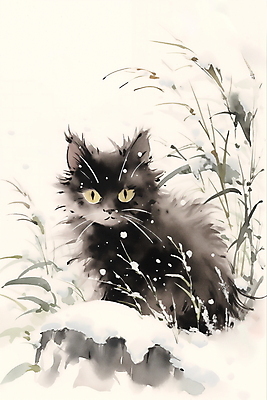 JPG 한마리 겨울 일러스트 수묵화 풍경 사람없음 고양이 눈 풀잎 동양화 번짐 국내일러스트 AI일러스트 AI콘텐츠 자연요소 1 계절 잎 포유류 날씨 미술 반려동물 풀_식물 파일형식 효과