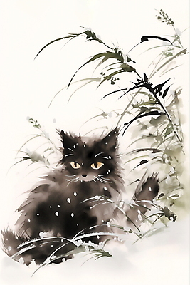 JPG 한마리 겨울 일러스트 수묵화 풍경 사람없음 고양이 눈 풀잎 동양화 번짐 국내일러스트 AI일러스트 AI콘텐츠 자연요소 1 계절 잎 포유류 날씨 미술 반려동물 풀_식물 파일형식 효과