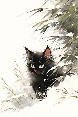 JPG 한마리 겨울 일러스트 수묵화 풍경 사람없음 고양이 눈 풀잎 동양화 번짐 국내일러스트 AI일러스트 AI콘텐츠 자연요소 1 계절 잎 포유류 날씨 미술 반려동물 풀_식물 파일형식 효과