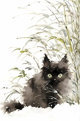 JPG 한마리 겨울 일러스트 수묵화 풍경 사람없음 고양이 눈 풀잎 동양화 번짐 국내일러스트 AI일러스트 AI콘텐츠 자연요소 1 계절 잎 포유류 날씨 미술 반려동물 풀_식물 파일형식 효과