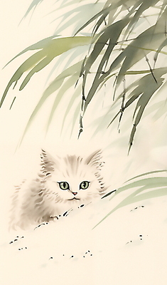 JPG 한마리 겨울 일러스트 수묵화 풍경 사람없음 고양이 눈 풀잎 동양화 번짐 국내일러스트 AI일러스트 AI콘텐츠 자연요소 1 계절 잎 포유류 날씨 미술 반려동물 풀_식물 파일형식 효과