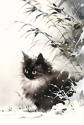 JPG 한마리 겨울 일러스트 수묵화 풍경 사람없음 고양이 눈 풀잎 동양화 번짐 국내일러스트 AI일러스트 AI콘텐츠 자연요소 1 계절 잎 포유류 날씨 미술 반려동물 풀_식물 파일형식 효과