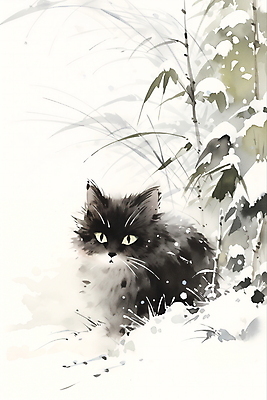 JPG 한마리 겨울 일러스트 수묵화 풍경 사람없음 고양이 눈 풀잎 동양화 번짐 국내일러스트 AI일러스트 AI콘텐츠 자연요소 1 계절 잎 포유류 날씨 미술 반려동물 풀_식물 파일형식 효과