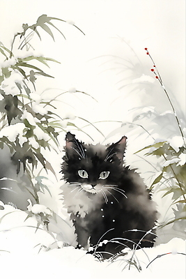 JPG 한마리 겨울 일러스트 수묵화 풍경 사람없음 고양이 눈 풀잎 동양화 번짐 국내일러스트 AI일러스트 AI콘텐츠 자연요소 1 계절 잎 포유류 날씨 미술 반려동물 풀_식물 파일형식 효과