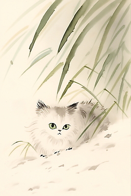 JPG 한마리 겨울 일러스트 수묵화 풍경 사람없음 고양이 눈 풀잎 동양화 번짐 국내일러스트 AI일러스트 AI콘텐츠 자연요소 1 계절 잎 포유류 날씨 미술 반려동물 풀_식물 파일형식 효과