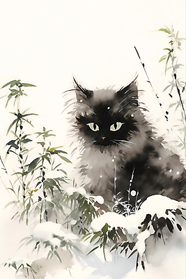 JPG 한마리 겨울 일러스트 수묵화 풍경 사람없음 고양이 눈 풀잎 동양화 번짐 국내일러스트 AI일러스트 AI콘텐츠 자연요소 1 계절 잎 포유류 날씨 미술 반려동물 풀_식물 파일형식 효과