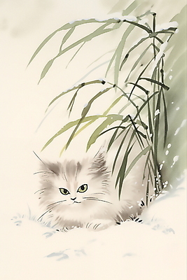 JPG 한마리 겨울 일러스트 수묵화 풍경 사람없음 고양이 눈 풀잎 동양화 번짐 국내일러스트 AI일러스트 AI콘텐츠 자연요소 1 계절 잎 포유류 날씨 미술 반려동물 풀_식물 파일형식 효과