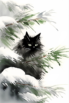 JPG 한마리 겨울 일러스트 수묵화 풍경 사람없음 고양이 눈 소나무 풀잎 동양화 번짐 국내일러스트 AI일러스트 AI콘텐츠 자연요소 나무 1 계절 잎 포유류 날씨 미술 반려동물 풀_식물 파일형식 효과