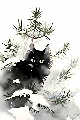 JPG 한마리 겨울 일러스트 수묵화 풍경 사람없음 고양이 눈 소나무 풀잎 동양화 번짐 국내일러스트 AI일러스트 AI콘텐츠 자연요소 나무 1 계절 잎 포유류 날씨 미술 반려동물 풀_식물 파일형식 효과