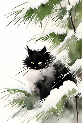 JPG 한마리 겨울 일러스트 수묵화 풍경 사람없음 고양이 눈 소나무 풀잎 동양화 번짐 국내일러스트 AI일러스트 AI콘텐츠 자연요소 나무 1 계절 잎 포유류 날씨 미술 반려동물 풀_식물 파일형식 효과
