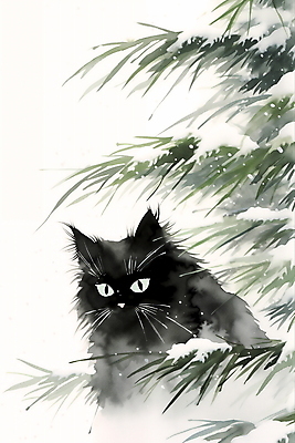 JPG 한마리 겨울 일러스트 수묵화 풍경 사람없음 고양이 눈 소나무 풀잎 동양화 번짐 국내일러스트 AI일러스트 AI콘텐츠 자연요소 나무 1 계절 잎 포유류 날씨 미술 반려동물 풀_식물 파일형식 효과