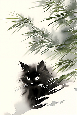 JPG 한마리 겨울 일러스트 수묵화 풍경 사람없음 고양이 눈 소나무 풀잎 동양화 번짐 국내일러스트 AI일러스트 AI콘텐츠 자연요소 나무 1 계절 잎 포유류 날씨 미술 반려동물 풀_식물 파일형식 효과