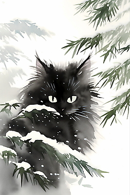 JPG 한마리 겨울 일러스트 수묵화 풍경 사람없음 고양이 눈 풀잎 동양화 번짐 국내일러스트 AI일러스트 AI콘텐츠 자연요소 1 계절 잎 포유류 날씨 미술 반려동물 풀_식물 파일형식 효과