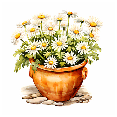 JPG 꽃 화분 일러스트 수채화 따뜻함 사람없음 희망 조약돌 데이지 국내일러스트 AI일러스트 AI콘텐츠 식물 감정 돌_바위 파일형식