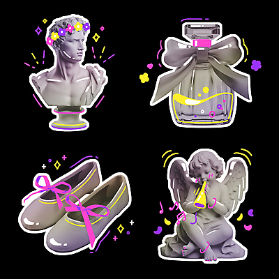 PSD 리본 스티커 날개 음표 일러스트 천사 사람없음 반짝임 컬러풀 화관 낙서 나팔 향수 오브젝트 토슈즈 천사상 키치 국내일러스트 기호 꽃 악기 음악 컬러 신발 컨셉 모션 조각상 화장품 파일형식