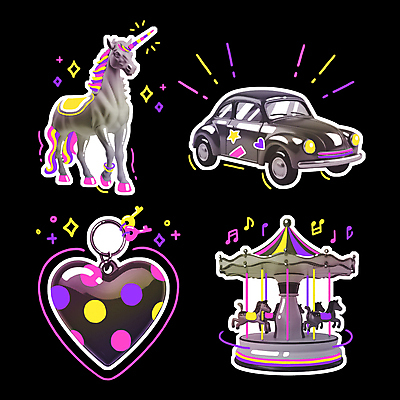 PSD 스티커 패턴 음표 일러스트 자동차 사람없음 반짝임 컬러풀 물방울무늬 하트 말_동물 낙서 오브젝트 회전목마 유니콘 키링 키치 국내일러스트 모양 기호 음악 육상교통 컬러 컨셉 무늬 포유류 모션 놀이기구 파일형식