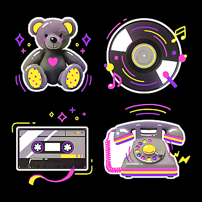 PSD 스티커 패턴 음표 일러스트 사람없음 반짝임 컬러풀 물방울무늬 곰인형 카세트테이프 레코드 낙서 전화기 오브젝트 복고 테이프 키치 국내일러스트 기호 음악 인형 컬러 컨셉 무늬 모션 문구용품 음반 파일형식
