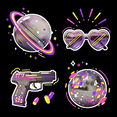 PSD 스티커 일러스트 사람없음 반짝임 컬러풀 선글라스 장난감 행성 권총 하트 고리 낙서 오브젝트 미러볼 총알 키치 국내일러스트 모양 안경 무기 컬러 컨셉 모션 장식 우주 총 파일형식