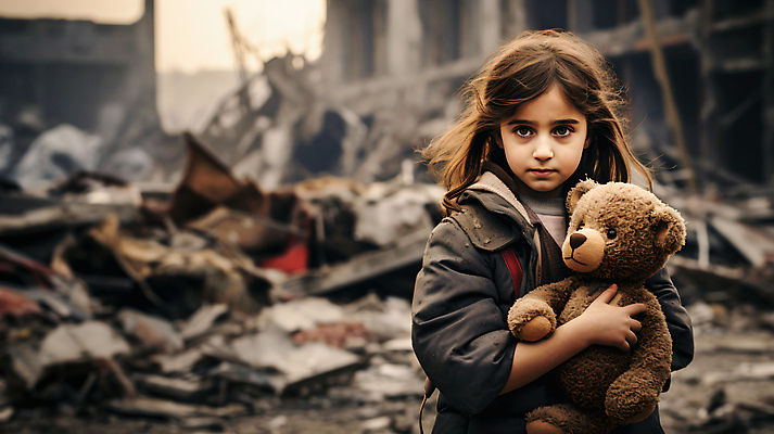 JPG 편집이미지 여자 어린이 인형 한명 들기 소녀 상반신 손상 폐허 전쟁 붕괴 전쟁터 고아 소녀한명만 무너짐 편집실사 AI인물포토 AI콘텐츠 1 컨셉 모션 사람 CG 여자한명만 소녀만 파일형식 AI포토