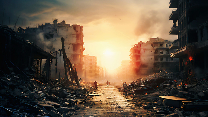 JPG 편집이미지 하늘 불 풍경 사람없음 건물 일몰 손상 폐허 전쟁 붕괴 전쟁터 무너짐 편집실사 AI인물포토 AI콘텐츠 자연요소 건축물 컨셉 모션 노을 CG 파일형식 AI포토