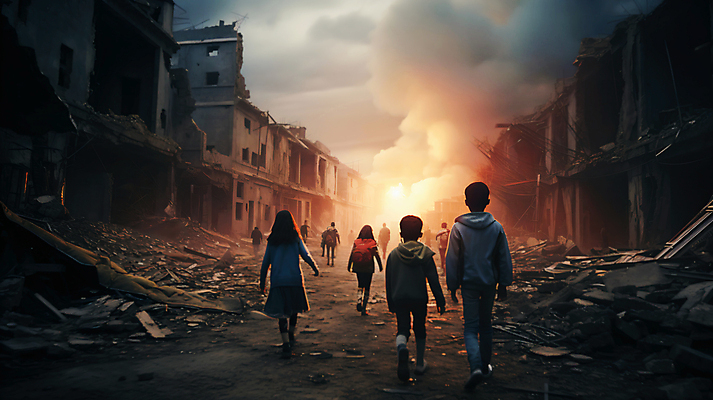 JPG 전신 구름 편집이미지 여자 남자 어린이 하늘 불 풍경 소녀 소년 여러명 건물 걷기 일몰 손상 연기 폐허 화재 전쟁 붕괴 전쟁터 어린이만 무너짐 편집실사 AI인물포토 AI콘텐츠 자연요소 건축물 다수 컨셉 모션 사람 노을 사건 CG 파일형식 AI포토