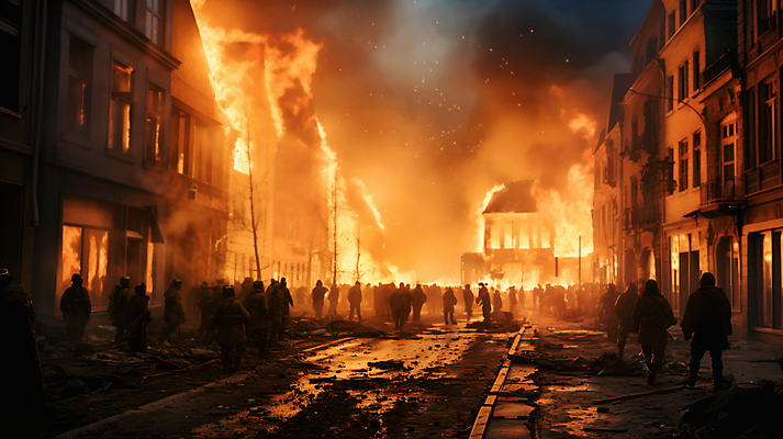 JPG 편집이미지 실루엣 불 사람 여러명 건물 어둠 손상 군중 폐허 화재 전쟁 붕괴 전쟁터 무너짐 편집실사 AI인물포토 AI콘텐츠 자연요소 건축물 다수 컨셉 모션 촬영기법 사건 CG 파일형식 AI포토