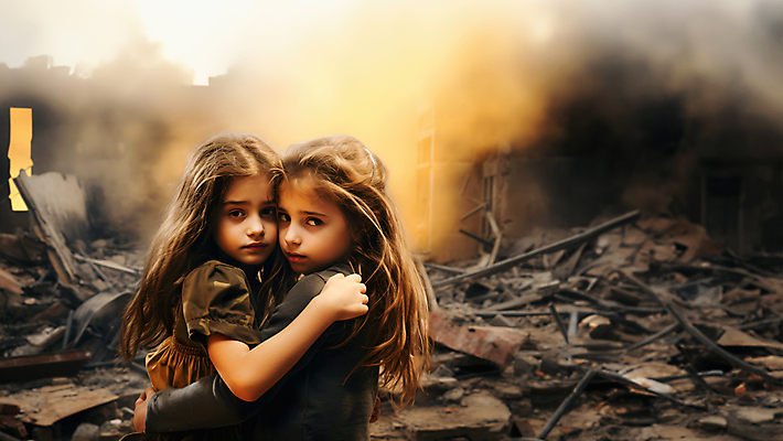 JPG 편집이미지 여자 어린이 안기 포옹 불 소녀 상반신 두명 손상 연기 불안 폐허 화재 전쟁 붕괴 전쟁터 고아 소녀만 무너짐 편집실사 AI인물포토 AI콘텐츠 자연요소 감정 컨셉 모션 사람 사건 CG 여자만 어린이만 파일형식 AI포토